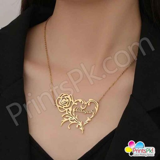 Rose & heart designed locket, personalize name necklace