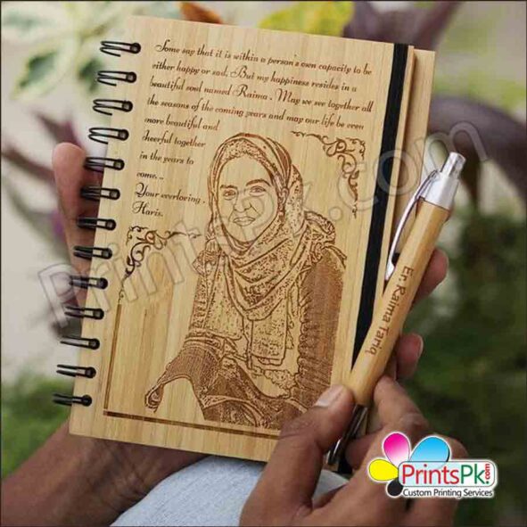Customized Engraved Wood Diary with Pen, photo engraved Diary, Personalized photo Engraved diary with engraved pen, wood diary with name photo and pen with name