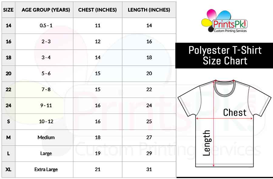 polyester t-shirt size chart,